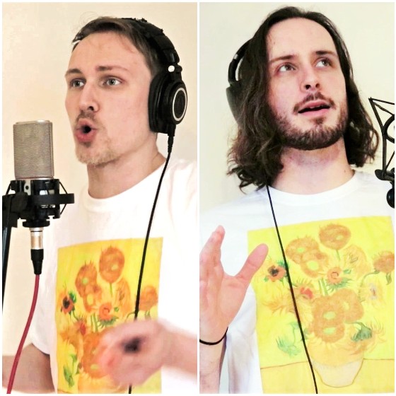A blonde man with a beard wears black headphones and a Van Gogh 'Sunflowers' t-shirt and sings into a microphone. A long-haired, dark-haired man with a beard wears black headphones and a Van Gogh 'Sunflowers' t-shirt and sings into a microphone.