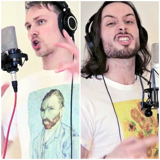 Two men wearing headphones sing into microphones. The blonde man wears a Van Gogh portrait T-shirt. The dark-haired man wear a Van Gogh 'Sunflowers' T-shirt
